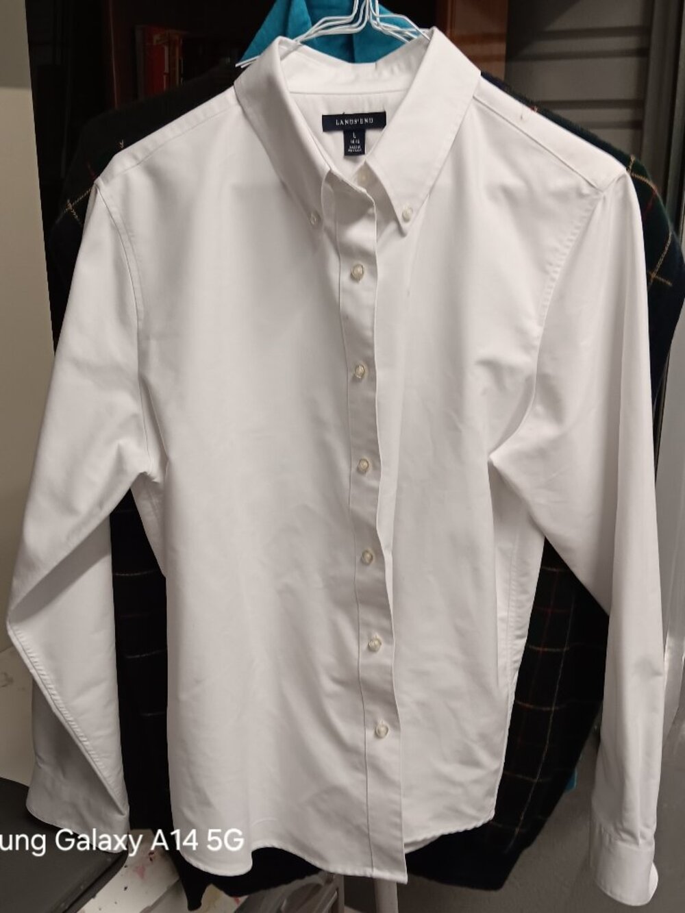 LANDS END Womens L 14 16 White Button Down Long Sleeve Shirt Career Classic